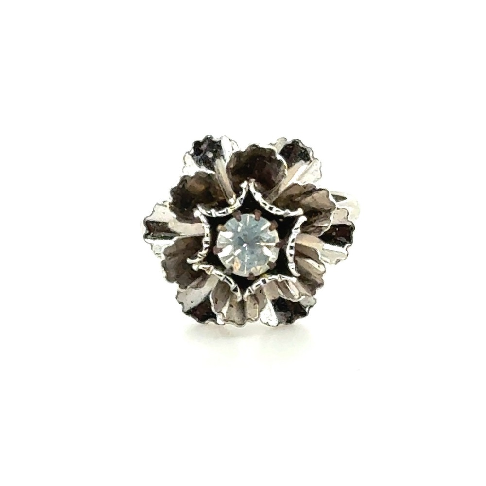 Vintage‎ Silver Tone Floral Rhinestone Statement Ring Clear Crystal Flower Petal